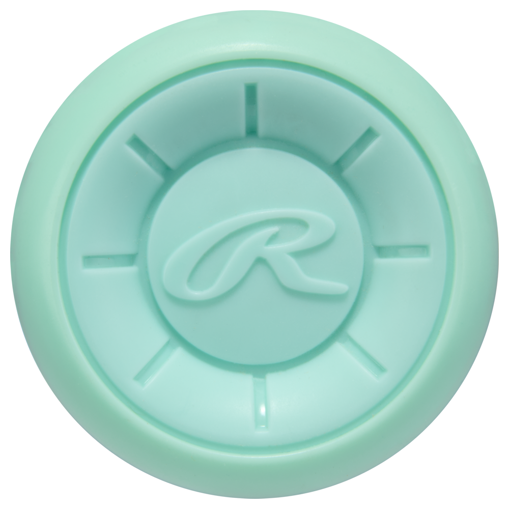 A round, mint-green end cap with a raised R and radial lines—like the end of a 2026 Rawlings ICON (-10) 2 5/8" USA Baseball Bat (RUS6I10), a carbon composite bat by Rawlings.