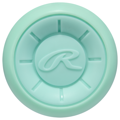 A round, mint-green end cap with a raised R and radial lines—like the end of a 2026 Rawlings ICON (-10) 2 5/8" USA Baseball Bat (RUS6I10), a carbon composite bat by Rawlings.