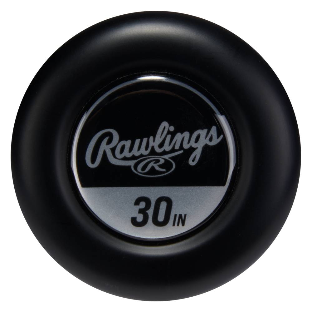 This black circular knob, featuring the Rawlings logo and "30 IN," is the end cap from a 30-inch 2026 Rawlings ICON (-10) USA Baseball Bat (RUS6I10)—a top-tier carbon composite bat built for performance.