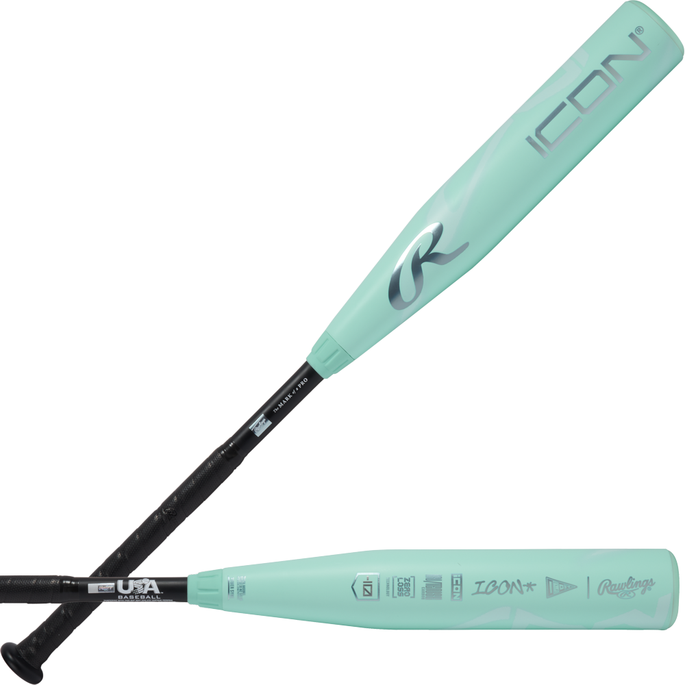Two 2026 Rawlings ICON (-10) USA baseball bats, made with carbon composite tech, feature light teal barrels, black handles, and silver branding. Displayed in side and angled views to showcase details of the RUS6I10 model.