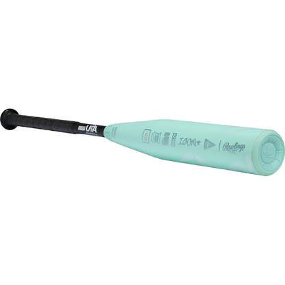 The 2026 Rawlings ICON (-10) USA Baseball Bat (RUS6I10) features a light teal barrel, black grip, USA marking near the handle, and bold logos—a sleek, modern design from Rawlings that stands out on the field.