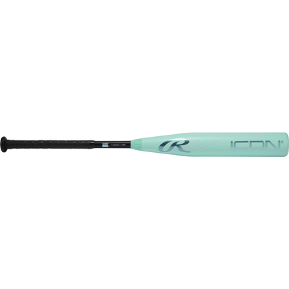 The 2026 Rawlings ICON (-5) 2 5/8" USA Baseball Bat (RUS6I5) features a light teal barrel, black handle and grip, with "ICON" and a large R logo in dark gray for a clean, modern look.