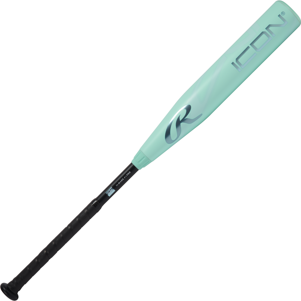 The 2026 Rawlings ICON (-5) 2 5/8" USA Baseball Bat (RUS6I5) features a light teal barrel with a black grip, stylized R logo, and carbon composite construction for superior performance.