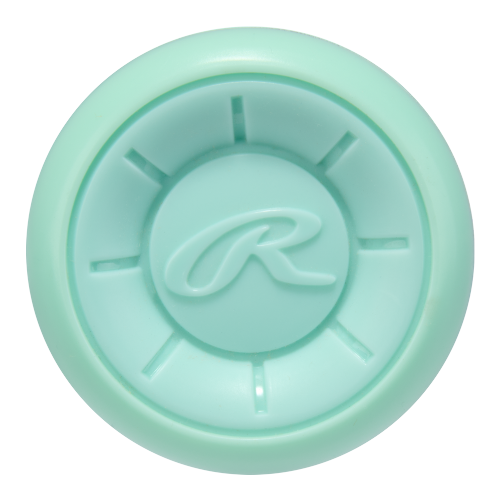 A round, mint green plastic end cap with a raised "R" and radial lines, resembling the Rawlings ICON (-5) USA Baseball Bat (RUS6I5), is shown from above on a white background.