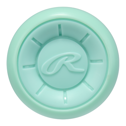 A round, mint green plastic end cap with a raised "R" and radial lines, resembling the Rawlings ICON (-5) USA Baseball Bat (RUS6I5), is shown from above on a white background.