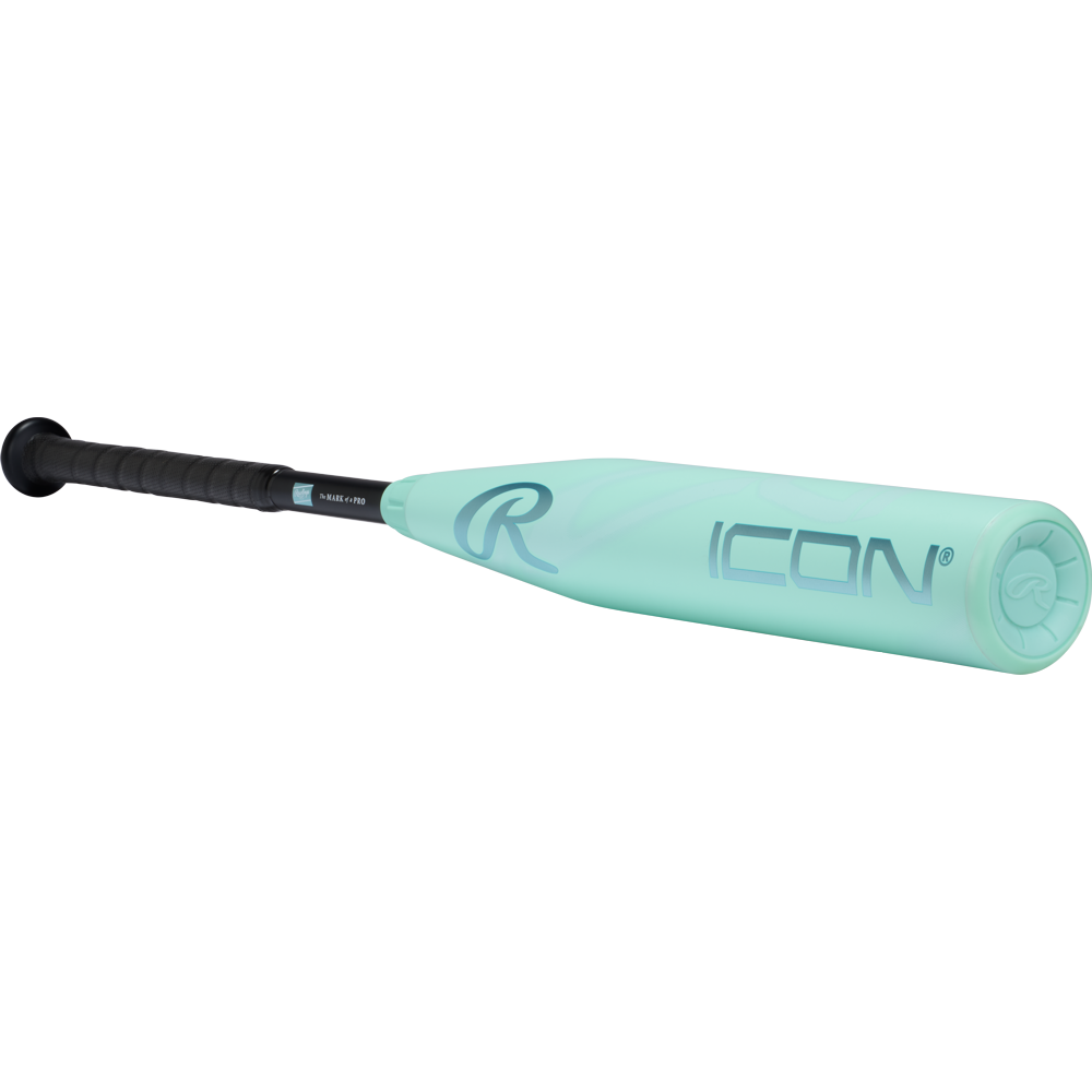 A mint green Rawlings 2026 ICON (-5) 2 5/8" USA Baseball Bat (RUS6I5) with a black grip is shown angled on a white background, featuring "ICON" in large letters on the barrel.