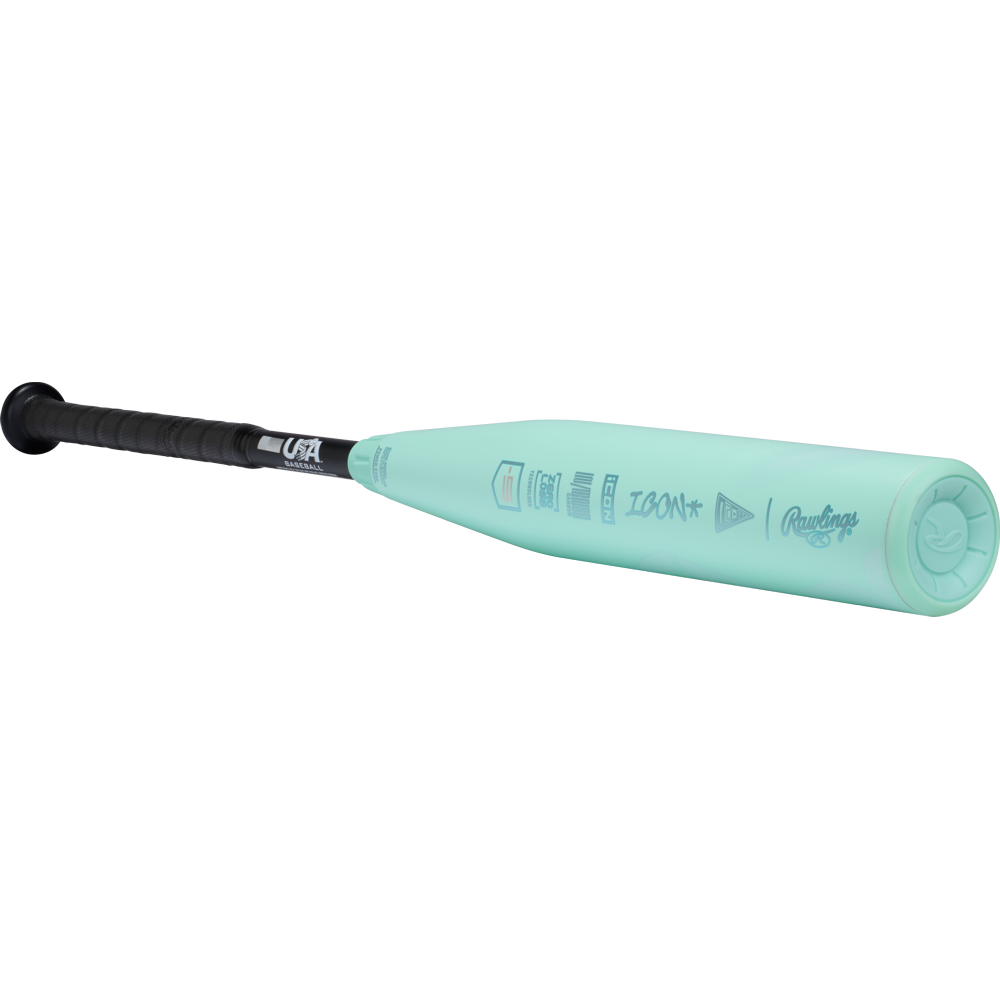 A teal Rawlings ICON (-5) 2 5/8" USA Baseball Bat (RUS6I5) is shown angled on a white background with a black grip, printed logos, and text near the barrel.