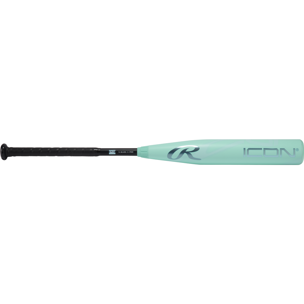 The 2026 Rawlings ICON (-8) 2 5/8" USA Baseball Bat (RUS6I8) features a carbon composite build, stylish light teal color with black grip, and showcases the Rawlings logo plus ICON on its barrel for top performance and look.
