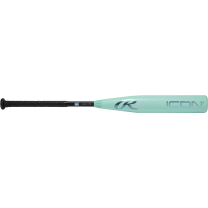 The 2026 Rawlings ICON (-8) 2 5/8" USA Baseball Bat (RUS6I8) features a carbon composite build, stylish light teal color with black grip, and showcases the Rawlings logo plus ICON on its barrel for top performance and look.