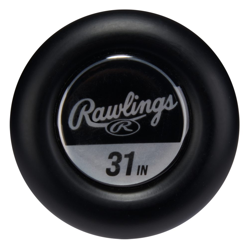Close-up of a black knob with “Rawlings 31 IN” on a silver and black label, highlighting the premium 2026 Rawlings ICON (-8) USA Baseball Bat: RUS6I8, renowned for its carbon composite construction.