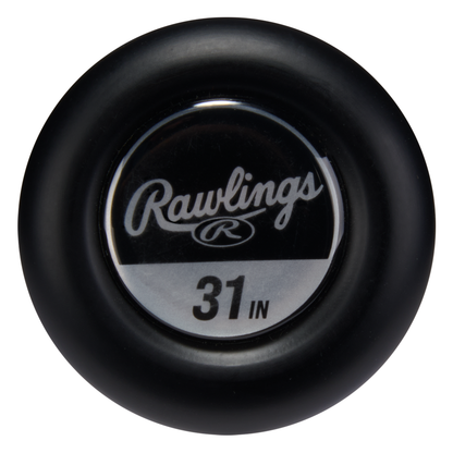 Close-up of a black knob with “Rawlings 31 IN” on a silver and black label, highlighting the premium 2026 Rawlings ICON (-8) USA Baseball Bat: RUS6I8, renowned for its carbon composite construction.