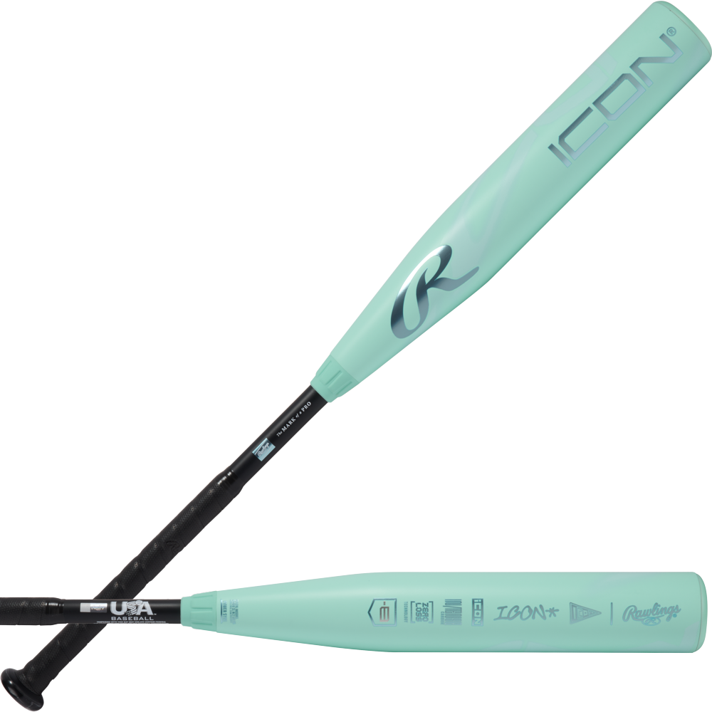 A teal 2026 Rawlings ICON (-8) 2 5/8" USA Baseball Bat (RUS6I8) with a black grip shown from two angles, highlighting the barrel size, Rawlings branding, logo, and carbon composite construction details on the barrel.
