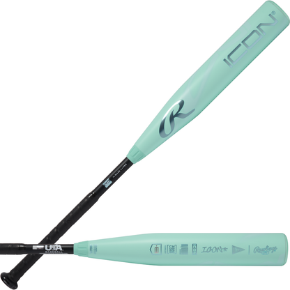 A teal 2026 Rawlings ICON (-8) 2 5/8" USA Baseball Bat (RUS6I8) with a black grip shown from two angles, highlighting the barrel size, Rawlings branding, logo, and carbon composite construction details on the barrel.