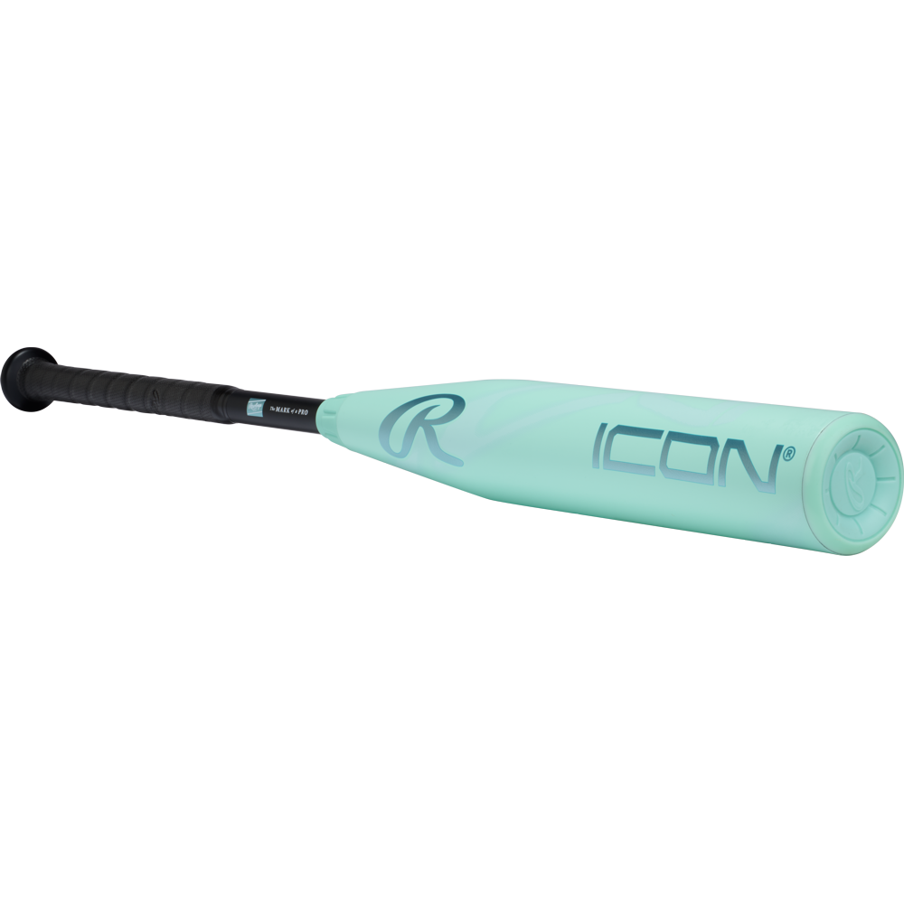 The 2026 Rawlings ICON (-8) 2 5/8" USA Baseball Bat (RUS6I8) features a light teal design, black grip, and large R logo; its carbon composite build ensures great style and performance on the field.