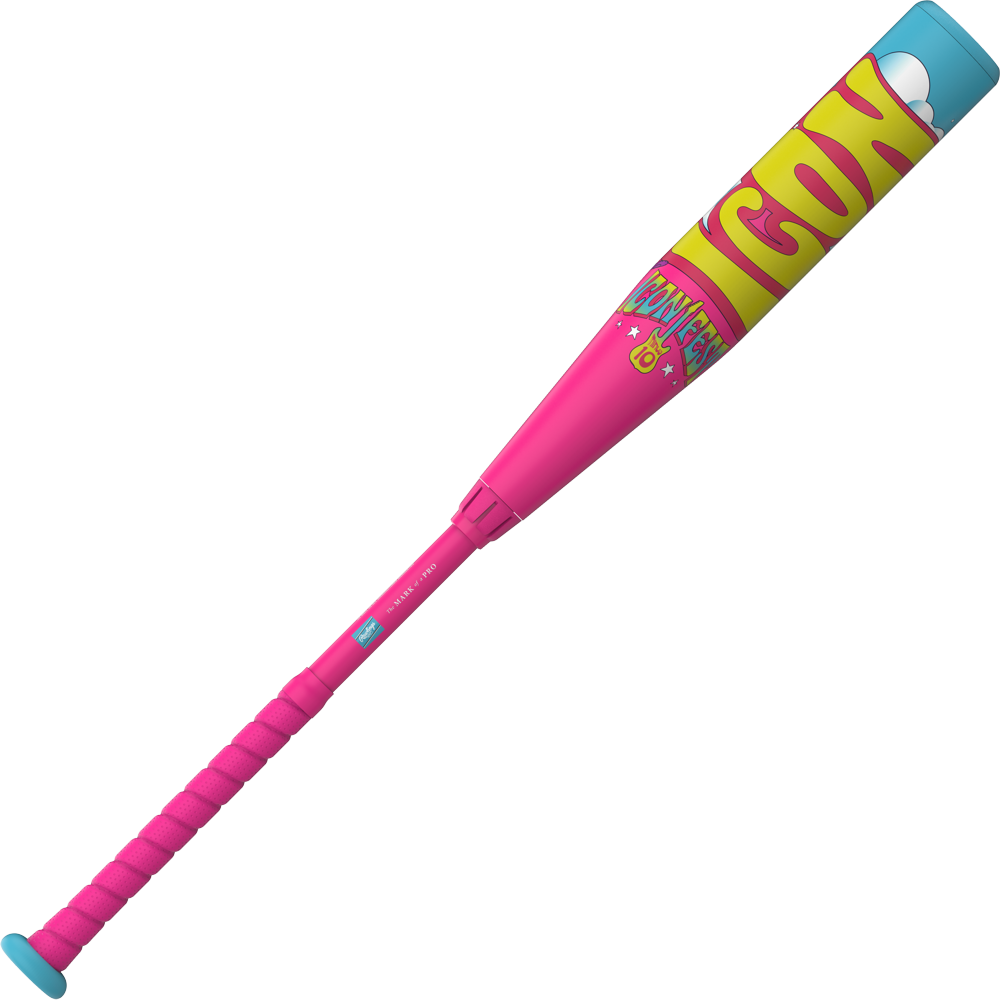 The 2026 Rawlings Icon Fest (-10) 2 5/8" USA Baseball Bat (RUS6IFP10) features a vivid design with a pink handle, turquoise accents, yellow, blue, and pink barrel, cartoon graphics, and "GOODNIGHT" in bold letters.