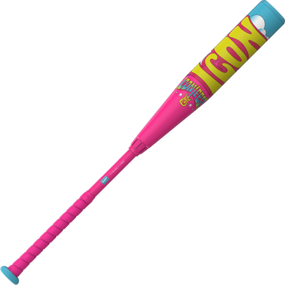 The 2026 Rawlings Icon Fest (-10) 2 5/8" USA Baseball Bat (RUS6IFP10) features a vivid design with a pink handle, turquoise accents, yellow, blue, and pink barrel, cartoon graphics, and "GOODNIGHT" in bold letters.