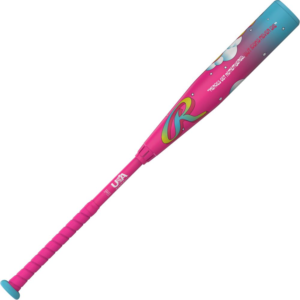 The 2026 Rawlings Icon Fest (-10) USA Baseball Bat features a pink and blue gradient, blue accents, playful artwork, a rainbow “R” logo, and the inspiring text: Never let the fear of striking out keep you from playing.