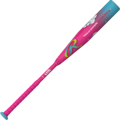 The 2026 Rawlings Icon Fest (-10) USA Baseball Bat features a pink and blue gradient, blue accents, playful artwork, a rainbow “R” logo, and the inspiring text: Never let the fear of striking out keep you from playing.