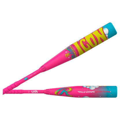 The 2026 Rawlings Icon Fest (-10) USA Baseball Bat features a pink, blue, and yellow design with bold “ICON” and “RAWLINGS” cartoon-style text and cloud graphics—making this limited edition bat truly stand out.