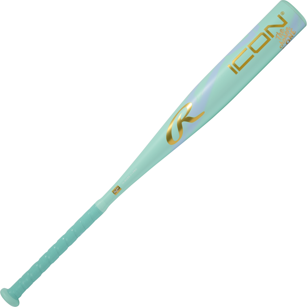 A teal 2026 Rawlings ICON CHOSEN ONE (-10) USA Baseball Bat features a textured handle, metallic gold ICON branding, and a gold R logo by the barrel, displayed on a plain white background.