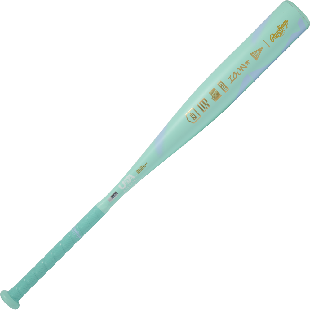 A 2026 Rawlings ICON CHOSEN ONE (-10) 2 5/8" USA Baseball Bat: RUS6IONE10 with a wrapped handle, turquoise finish, yellow branding, and "The Chosen One" text along the barrel is shown against a plain white background.