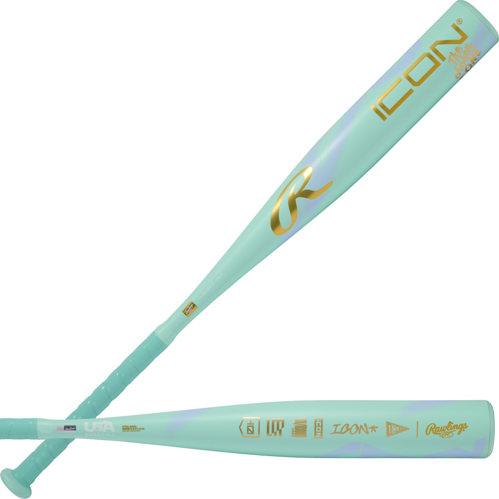 The 2026 Rawlings ICON CHOSEN ONE (-10) USA Baseball Bat features gold lettering and logos on light teal, shown from side and angled top views, with "The Chosen One" design highlighting the Rawlings brand and detailed accents.