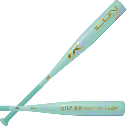 The 2026 Rawlings ICON CHOSEN ONE (-10) USA Baseball Bat features gold lettering and logos on light teal, shown from side and angled top views, with "The Chosen One" design highlighting the Rawlings brand and detailed accents.