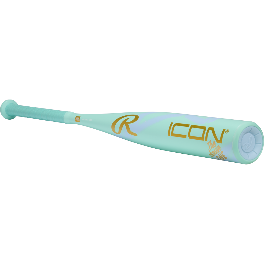 The 2026 Rawlings ICON CHOSEN ONE (-10) USA Baseball Bat features a light teal design with gold "ICON" and "The Hype is Real" lettering, a teal grip, composite construction, and the Rawlings logo near the barrel.
