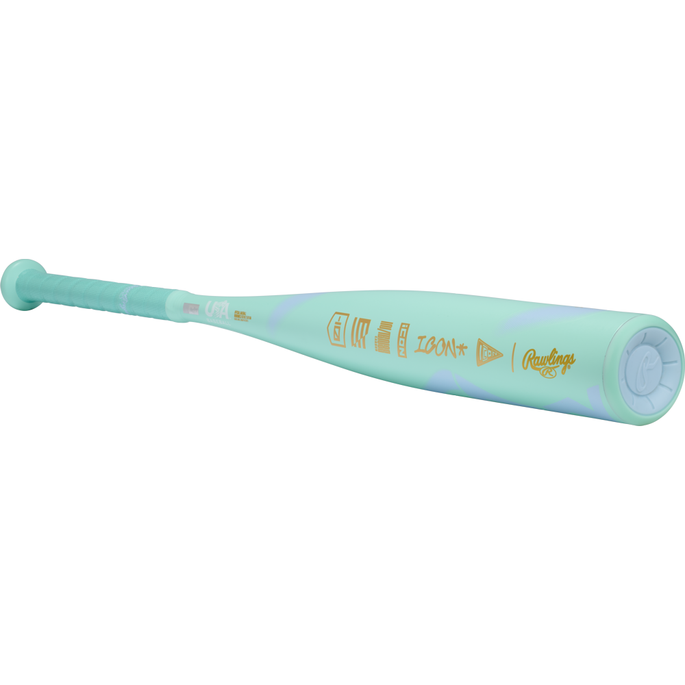The 2026 Rawlings ICON CHOSEN ONE (-10) USA Baseball Bat boasts a mint green look with gold accents, textured grip, and a sleek composite design—perfect for players seeking standout style and top performance.