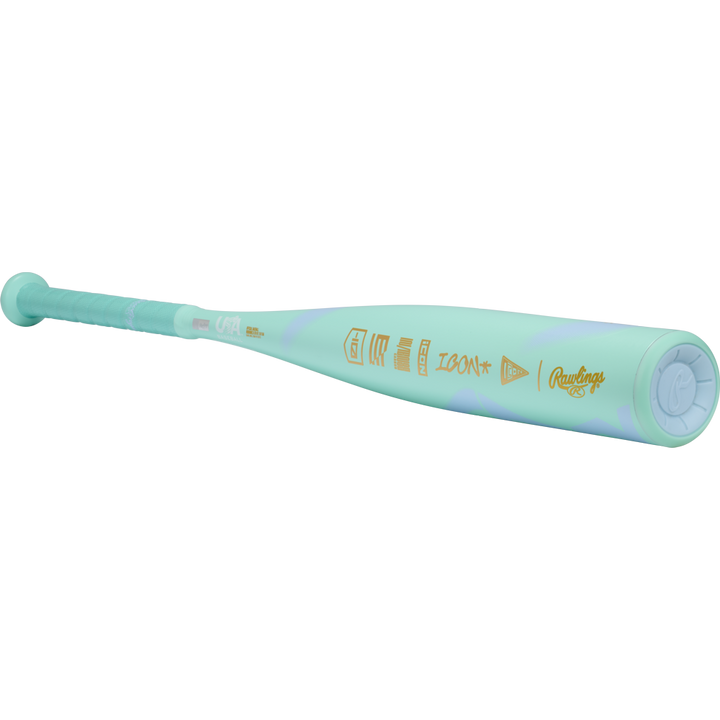 The 2026 Rawlings ICON CHOSEN ONE (-10) USA Baseball Bat boasts a mint green look with gold accents, textured grip, and a sleek composite design—perfect for players seeking standout style and top performance.