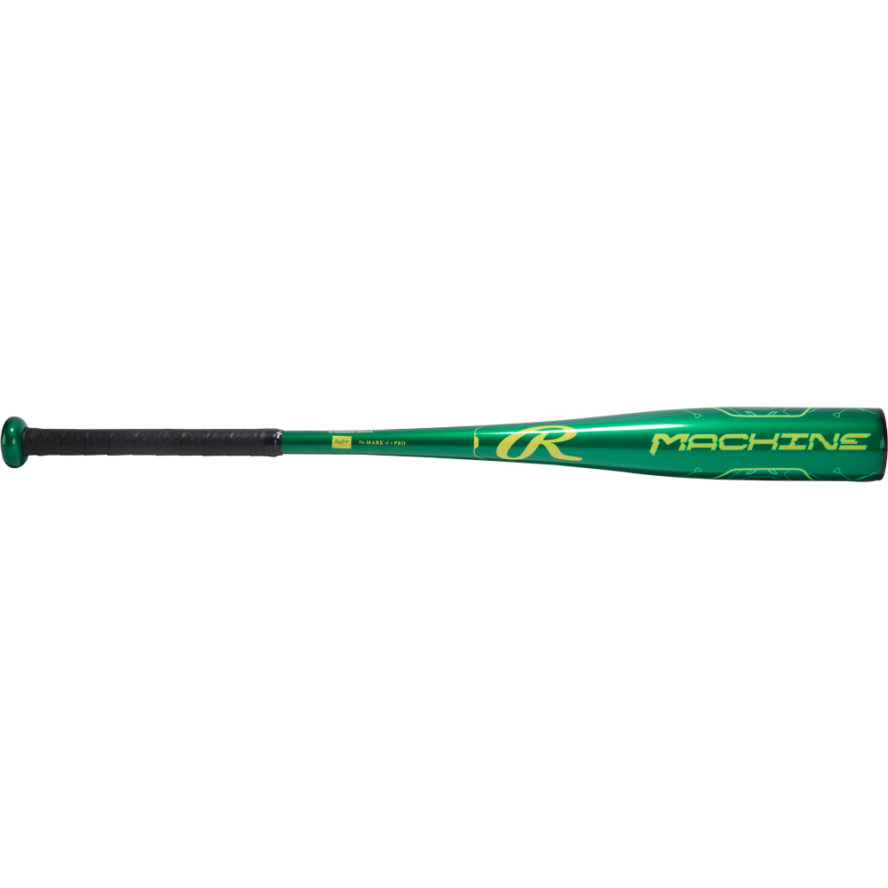 The 2026 Rawlings Machine (-10) 2 5/8" USA Baseball Bat (RUS6M10) features a green and black design with yellow Rawlings and Machine text, a black grip, and is crafted from aerospace-grade alloy for durability and performance.