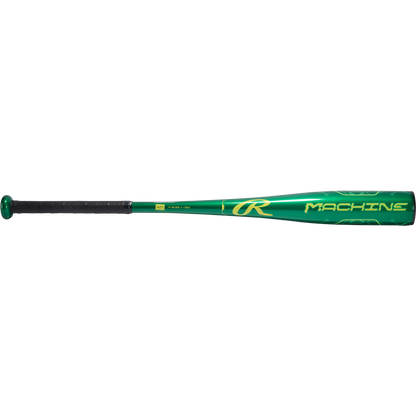 The 2026 Rawlings Machine (-10) 2 5/8" USA Baseball Bat (RUS6M10) features a green and black design with yellow Rawlings and Machine text, a black grip, and is crafted from aerospace-grade alloy for durability and performance.