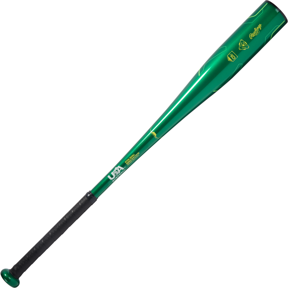 The 2026 Rawlings Machine (-10) 2 5/8" USA Baseball Bat (RUS6M10) features a metallic green finish, aerospace-grade alloy construction, black grip, yellow Rawlings branding, and USA Baseball certification—perfect for youth players.