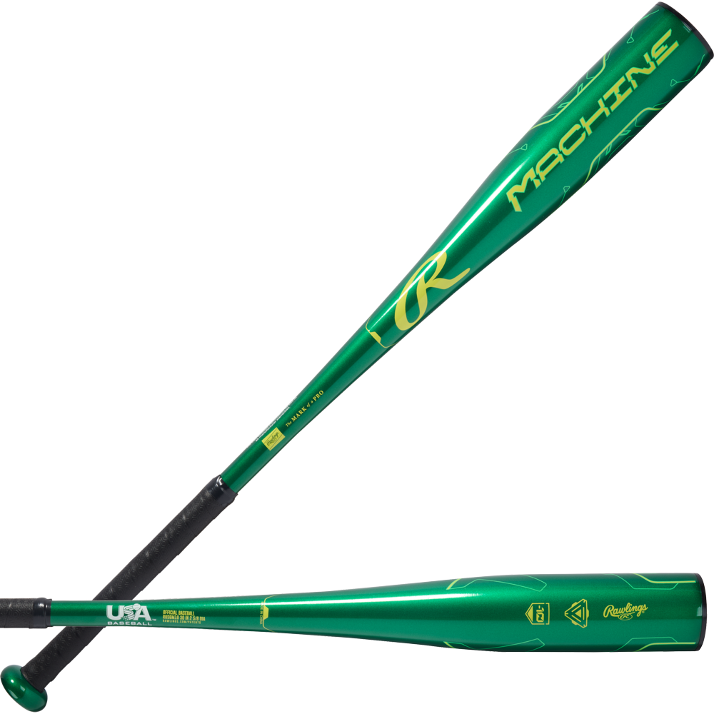 Two views of the 2026 Rawlings Machine (-10) 2 5/8" USA Baseball Bat (RUS6M10), a youth bat crafted from aerospace-grade alloy with a metallic green finish, yellow MACHINE text, USA certification logo, black grip, and Rawlings branding near the handle.