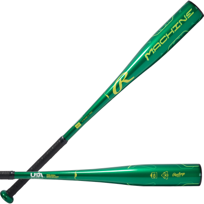 Two views of the 2026 Rawlings Machine (-10) 2 5/8" USA Baseball Bat (RUS6M10), a youth bat crafted from aerospace-grade alloy with a metallic green finish, yellow MACHINE text, USA certification logo, black grip, and Rawlings branding near the handle.