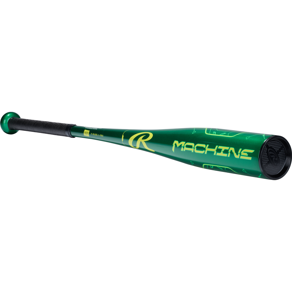 The 2026 Rawlings Machine (-10) USA Baseball Bat (RUS6M10) features a green barrel with yellow MACHINE lettering, black grip, metallic finish, and aerospace-grade alloy construction—ideal for youth baseball players.