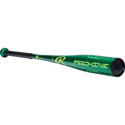The 2026 Rawlings Machine (-10) USA Baseball Bat (RUS6M10) features a green barrel with yellow MACHINE lettering, black grip, metallic finish, and aerospace-grade alloy construction—ideal for youth baseball players.