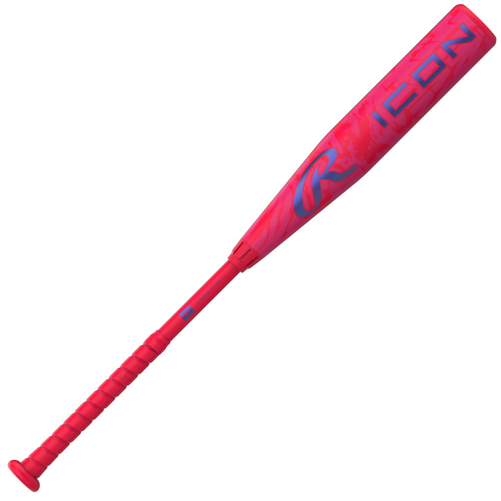 A vibrant pink Rawlings ICON (-5) 2 5/8″ USA Baseball Bat: RUS7I5 youth bat with blue accents, featuring a wrapped handle and the prominent “REN” letters on the barrel. Inspired by the Rawlings Icon, this eye-catching composite baseball bat combines outstanding performance with bold design.