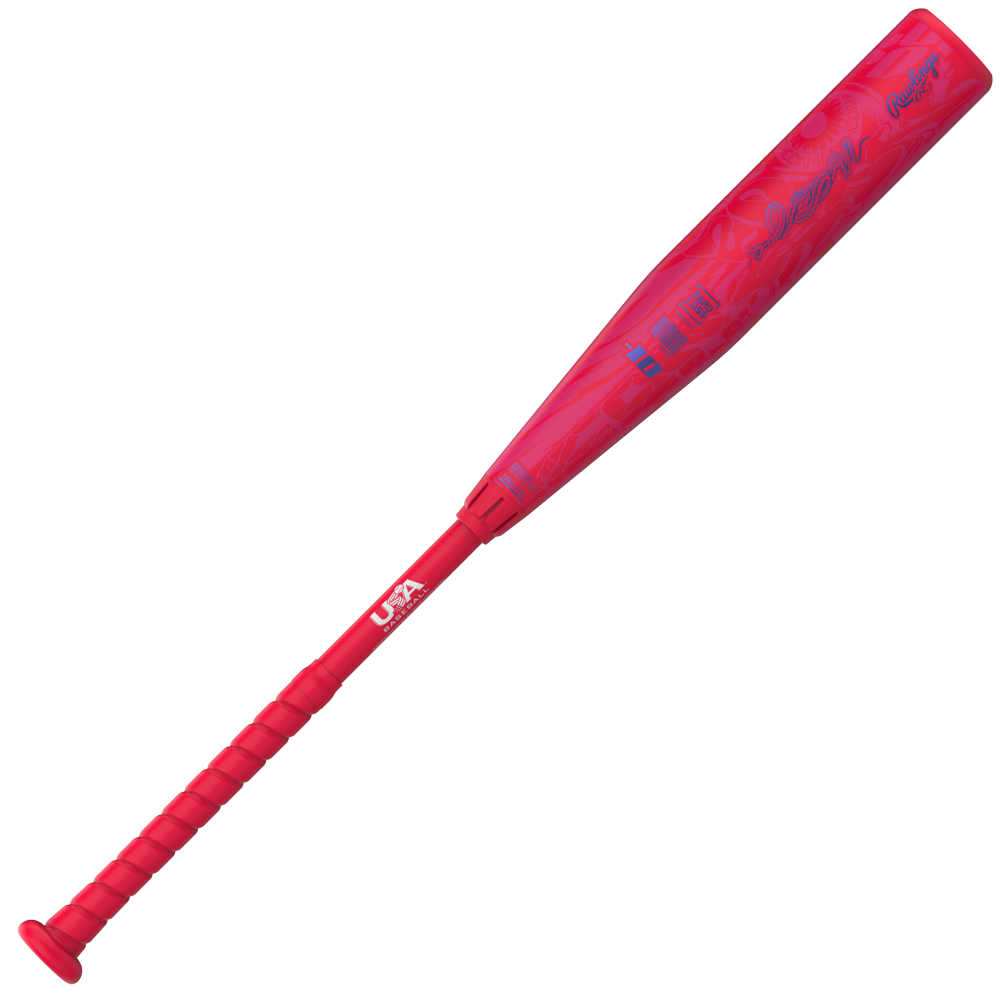 The 2027 Rawlings ICON (-5) 2 5/8″ USA Baseball Bat (model RUS7I5) is a red youth bat featuring a textured grip and patterned design, with prominent USA and Rawlings branding near the handle and barrel. It offers advanced performance thanks to its composite construction.