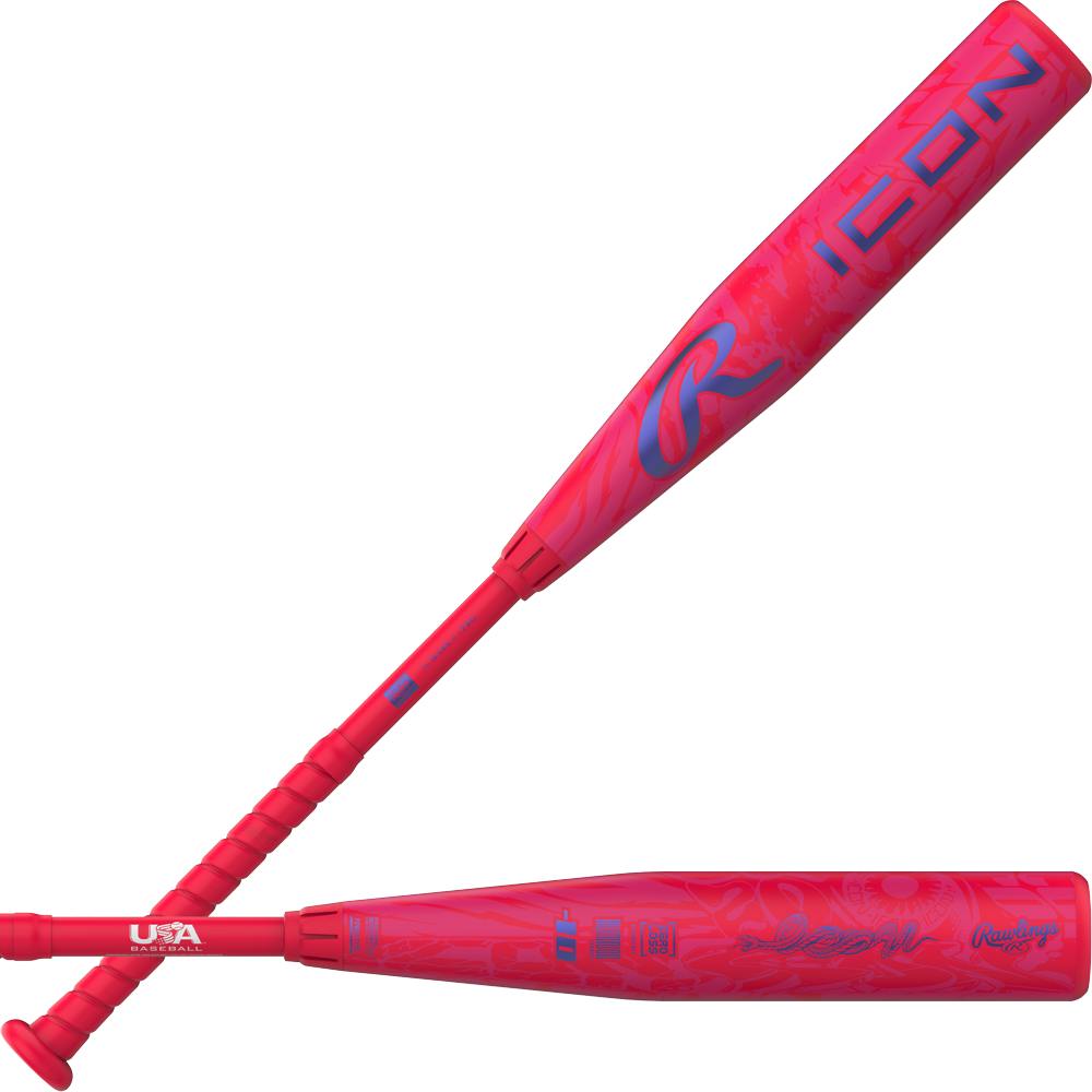 Two vibrant pink Rawlings ICON (-8) youth baseball bats with blue and purple accents showcase dynamic swirling patterns and prominent ICON and Rawlings branding. Each bat features a textured grip on the handle and displays the USA Baseball certification mark near the knob, making them an ideal option for players seeking both standout style and top-tier performance in a composite design like the 2027 Rawlings ICON (-8) 2 5/8″ USA Baseball Bat: RUS7I8.