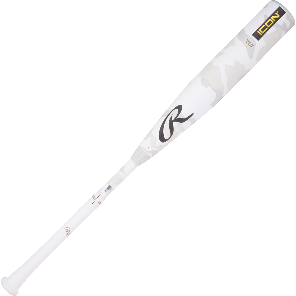 The 2025 Rawlings Icon (-5) 2 3/4" USSSA Baseball Bat (RUT5I5) features a white carbon composite build, subtle camo pattern, modern design, white grip, and displays the Rawlings logo near the barrel end.
