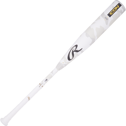 The 2025 Rawlings Icon (-5) 2 3/4" USSSA Baseball Bat (RUT5I5) features a white carbon composite build, subtle camo pattern, modern design, white grip, and displays the Rawlings logo near the barrel end.