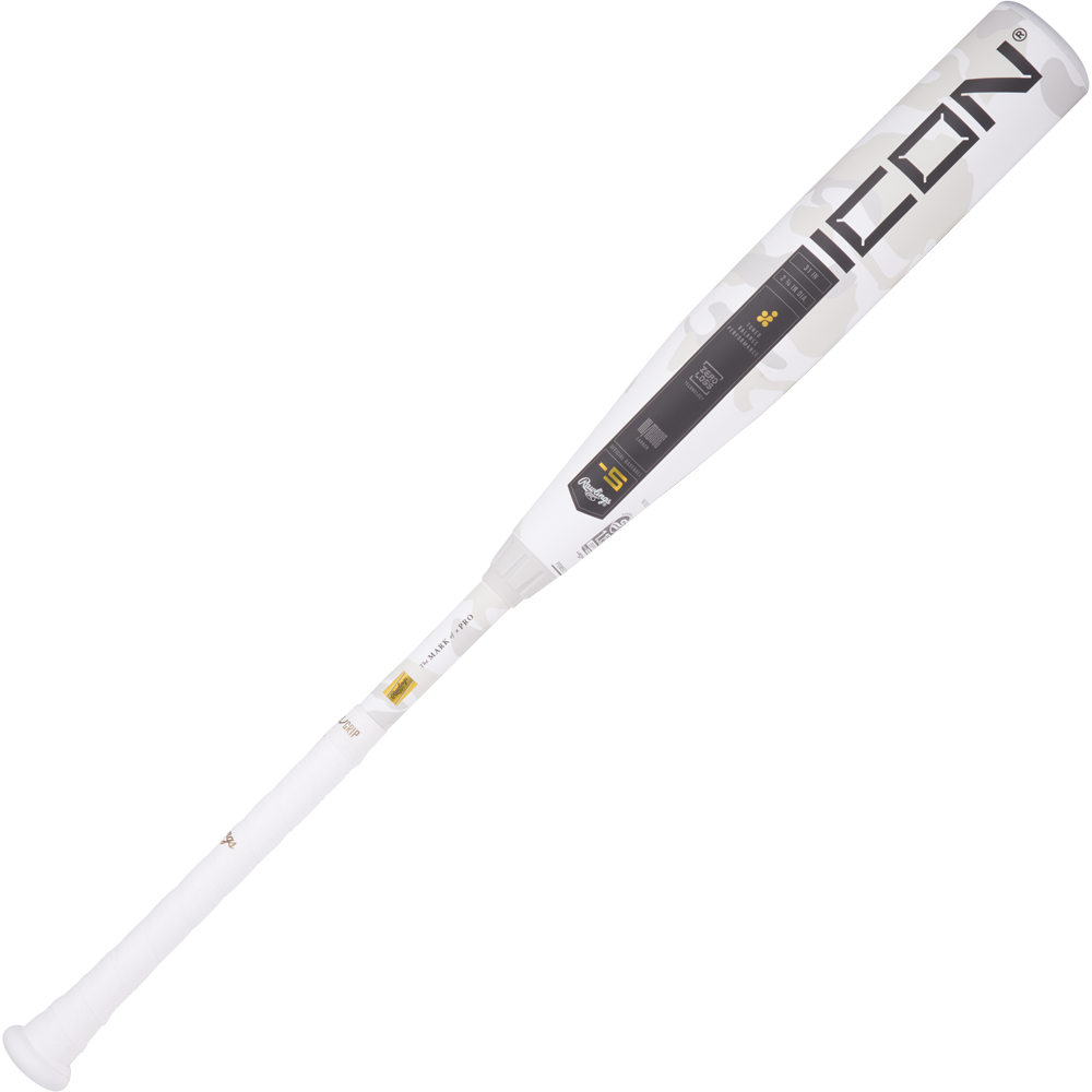 The 2025 Rawlings Icon (-5) USSSA Baseball Bat (RUT5I5) features a white carbon composite build with "ICON" in bold black letters near the barrel, plus a sleek design and subtle gray patterns along the bat.