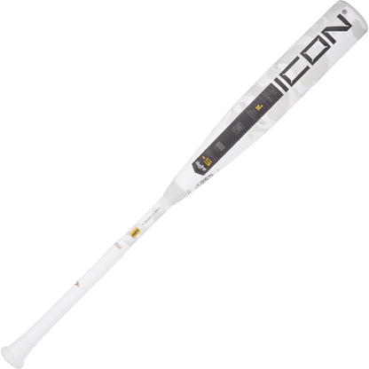 The 2025 Rawlings Icon (-5) USSSA Baseball Bat (RUT5I5) features a white carbon composite build with "ICON" in bold black letters near the barrel, plus a sleek design and subtle gray patterns along the bat.