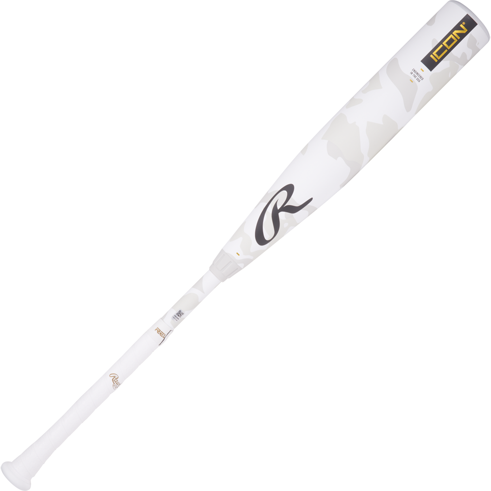 A used 2025 Rawlings Icon (-8) USSSA baseball bat, featuring a white carbon composite build with a black and white camouflage design.