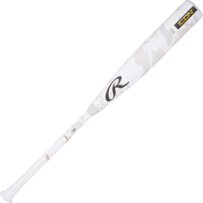 A used 2025 Rawlings Icon (-8) USSSA baseball bat, featuring a white carbon composite build with a black and white camouflage design.
