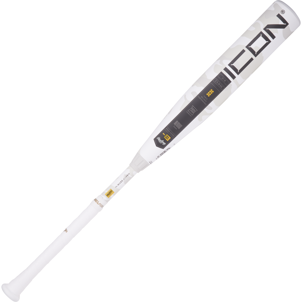 The 2025 Rawlings Icon (-8) 2 3/4" USSSA Baseball Bat (RUT5I8) features a white and silver carbon composite design with bold black ICON lettering near the barrel. Brand: Rawlings.