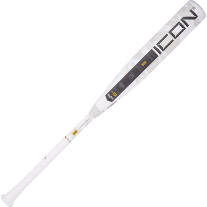 The 2025 Rawlings Icon (-8) 2 3/4" USSSA Baseball Bat (RUT5I8) features a white and silver carbon composite design with bold black ICON lettering near the barrel. Brand: Rawlings.