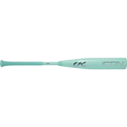 The 2026 Rawlings Icon (-10) 2 3/4" USSSA Baseball Bat (RUT6I10 DEMO) features a teal color, textured grip handle, and displays the Rawlings logo along with "ICON" on the barrel.