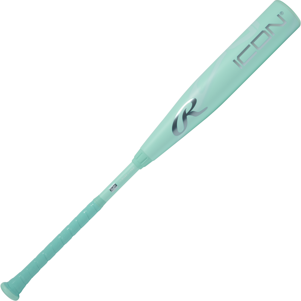 The 2026 Rawlings Icon (-10) 2 3/4" USSSA Baseball Bat (RUT6I10 DEMO) features a light teal design, textured grip, and silver logo, displayed on a plain white background.